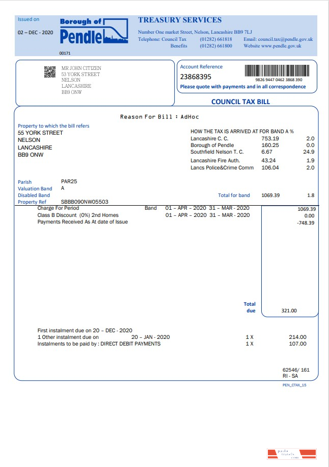 United Kingdom Borough of Pendle council tax bill template in Word and PDF format